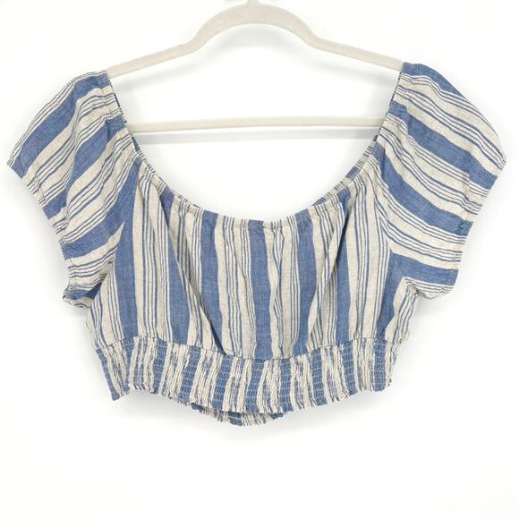 Torrid Off Shoulder Blue Cream Linen Blend Cropped Top Size 3X - Picture 6 of 8